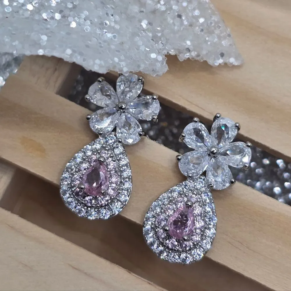 Pink Pear Cut & White Topaz Earrings 925 Sterling Silver